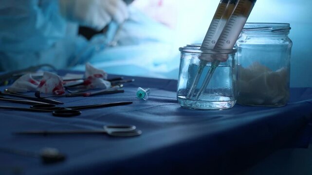 Surgeons performing a complex liposuction and lipofilling procedure with surgical instruments, syringes filled with fat, and blood stained gauze on a table in the operating room