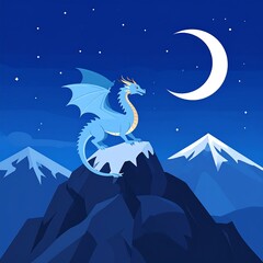 Cartoon dragon atop mountain under a crescent moonlit starry sky