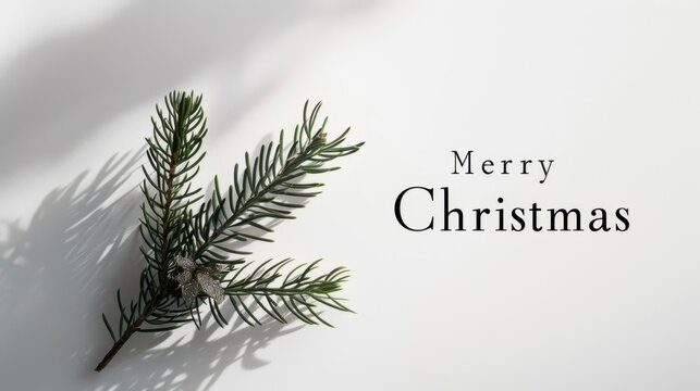 A green pine branch with a white background. The text 'Merry Christmas' is elegantly displayed beside the branch, conveying a festive holiday spirit. - Powered by Adobe