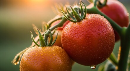 Obraz premium Close up of ripe tomatoes on vine with water droplets and soft lighting
