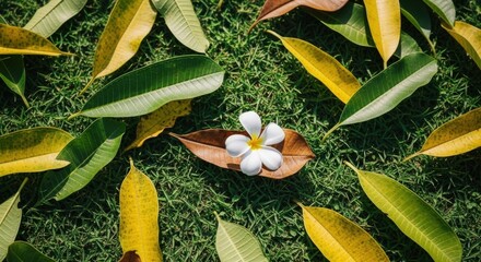 White plumeria flower on a dry brown leaf. Fallen autumn foliage on green grass. Natural life cycle concept showing seasonal change. Spa and wellness symbol for tranquility and relaxation