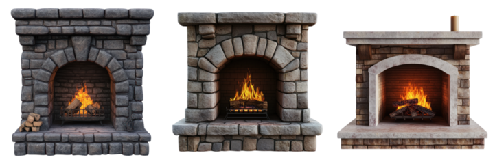 Three cozy fireplaces with burning fire in home setting, perfect for winter scenes. Each fireplace has different design