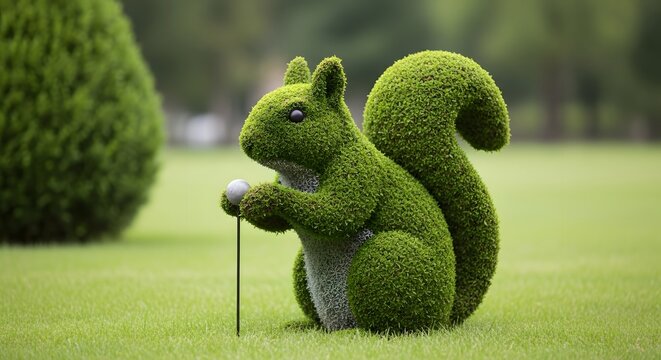 Artistic topiary squirrel holding a golf club on a lush green lawn, embodying a whimsical fusion of nature and sport