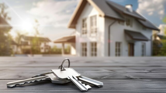 A set of keys on a wooden surface with a modern house in the background. The scene is illuminated by sunlight, creating a warm atmosphere.