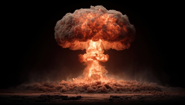 Realistic Orange Explosion With Smoke On Black Background Portraying An Atomic Bomb Detonation. Emphasizing The Destructive Power And Impact.