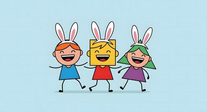Happy Easter Cheerful Cartoon Kids with Bunny Ears Celebrating S