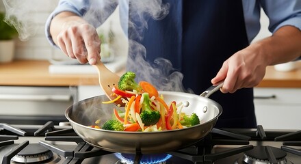 Person cooking colorful vegetables in a stainless steel pan on a gas stove stir fry broccoli