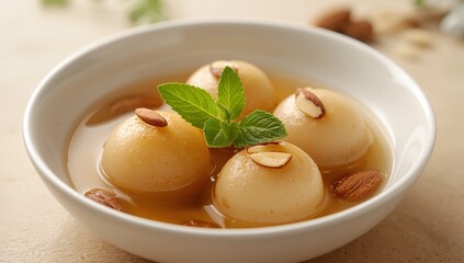 Spherical Forms in Light Syrup, Garnished with Almonds and Fresh Mint Accents.