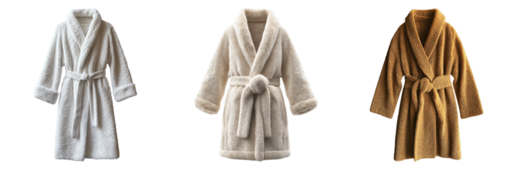 Three plush bathrobes in different shades, each with a belted waist, ready for relaxation