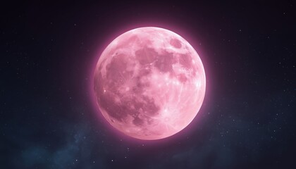 Fototapeta premium A Beautiful Pink Full Super Moon With A Pink Halo Shining Amongst Stars In The Dark Sky.