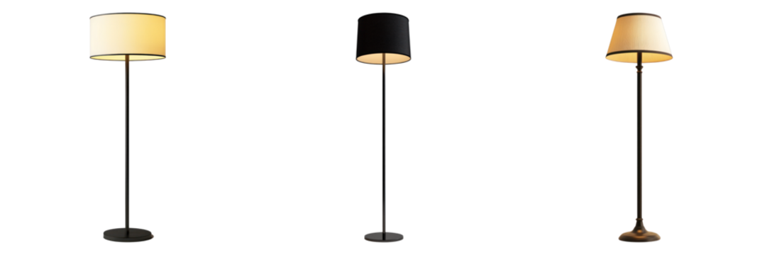 Three elegant floor lamps with different shade colors. The lamps stand tall, providing warm illumination