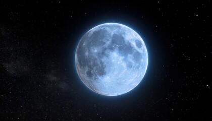 Fototapeta premium Blue Supermoon Shining With Blue Halo And Stars Against Black Sky- A Spectacular Celestial Sight In The Night Sky.