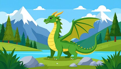Cartoon dragon in vibrant green, mountains, river, trees, and blue sky