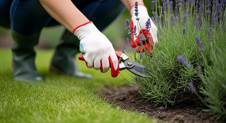 Fototapeta premium Person wearing gardening gloves pruning lavender with shears plant