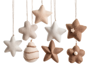 This rustic set of felt ornaments features various shapes like stars, shells, and flowers, ideal for decorating homes or festive events. Each ornament is soft and hangs easily