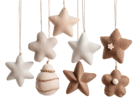 This rustic set of felt ornaments features various shapes like stars, shells, and flowers, ideal for decorating homes or festive events. Each ornament is soft and hangs easily