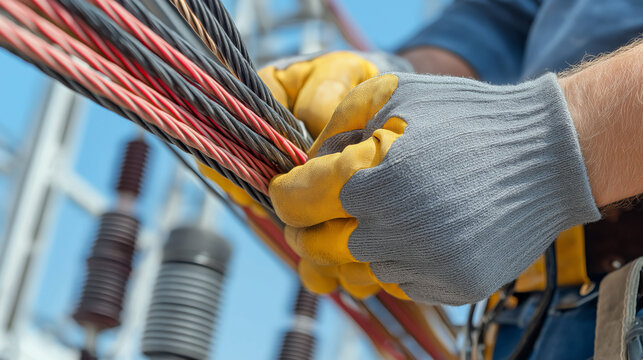 Close-up of worker hands connecting cables at an electric substation, concept of energy transmission and maintenance