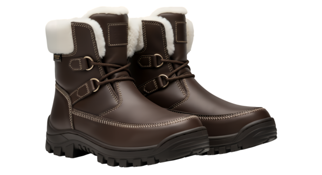 Stylish pair of brown insulated winter boots with a warm fleece cuff and rugged soles, perfect for cold weather and outdoor adventures isolated on a clean transparent background