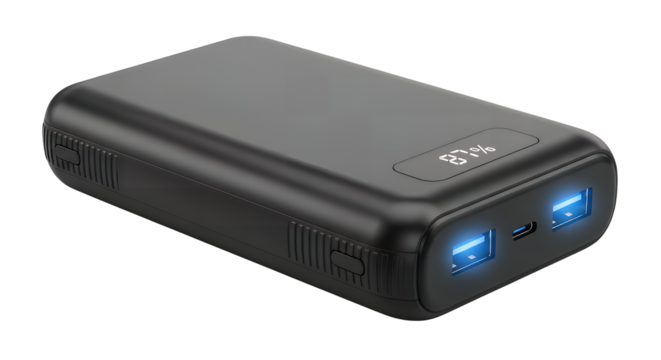 A sleek black portable charger with a textured grip, featuring a precise digital percentage display and dual illuminated USB ports for powering multiple devices isolated on a transparent background 