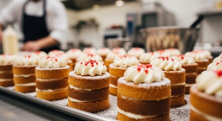 Gourmet mini layer cakes on a baking tray. Professional pastry chef preparing desserts in a commercial kitchen. Artisan confectionery with cream frosting and sweet sprinkles