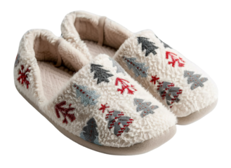 Soft and fuzzy slippers with a cheerful holiday print are isolated on a white background. Ideal for keeping feet warm during chilly winter evenings and festive gatherings