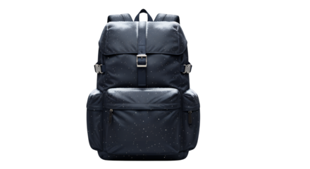 Stylish dark navy backpack with secure buckle closures and multiple compartments, isolated on a clean transparent background for product photography