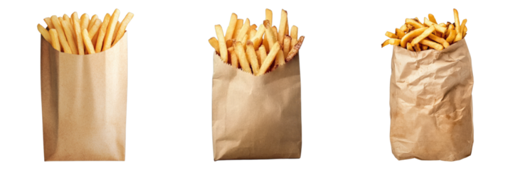 Golden french fries in a brown paper bag. A delightful food composition, perfect for various culinary and food-related concepts. 