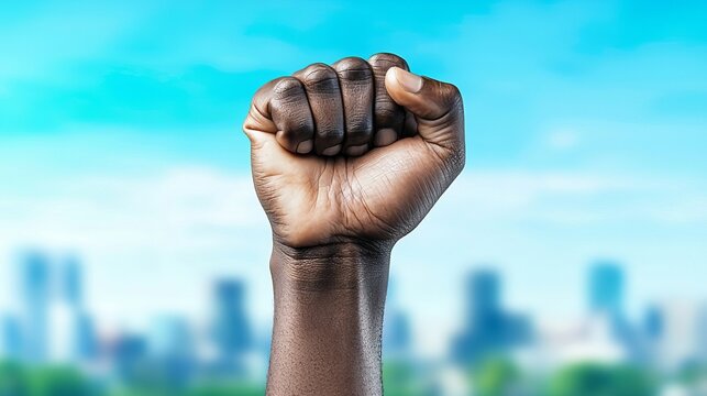 A raised fist symbolizing strength and solidarity against a blurred urban backdrop.