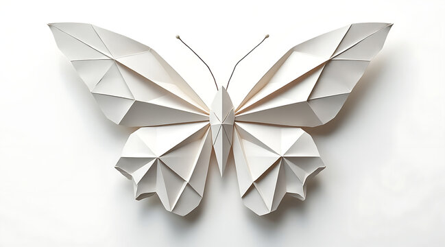 Delicate paper origami butterfly with soft geometric folds and clean white design creating elegant and artistic decoration on white background