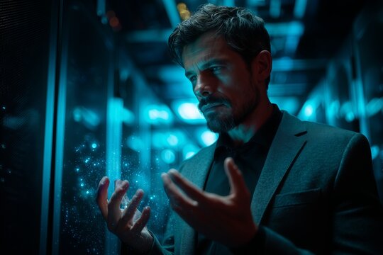 Senior IT Specialist Holding Digital Data in Server Room - Powered by Adobe