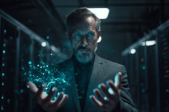 Senior IT Specialist Holding Digital Data in Server Room