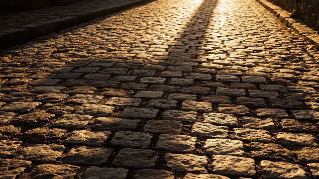 Golden Sunlight on Cobblestone Road Surface with a Elongated Shadow Casting a Warm and Textured Pattern