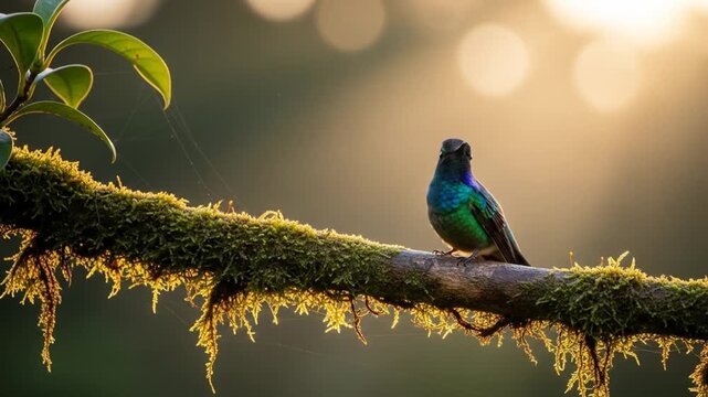 Hummingbird Perched on Mossy Branch in Golden Light, Tranquil Natural Setting