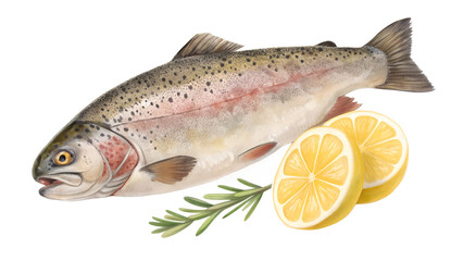 Cooked whole fish with lemon slice, isolated on transparent background, realistic lighting.