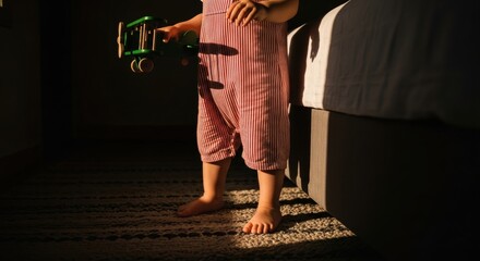 Obraz premium Toddler standing barefoot holding a wooden toy airplane. Childhood imagination and creative play. Early learning and development concept. Quiet moments at home with natural sunlight