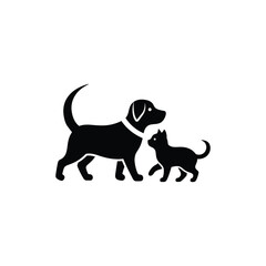 Silhouette of a friendly dog and a playful cat walking together side by side in a simple graphic illustration