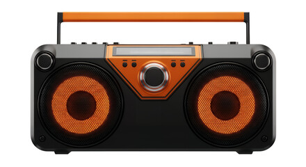 A modern black and orange portable boombox stereo system with large speakers, isolated on a clean transparent background