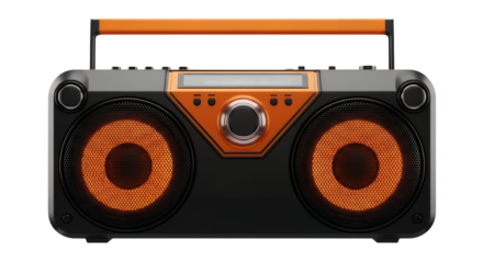A modern black and orange portable boombox stereo system with large speakers, isolated on a clean transparent background