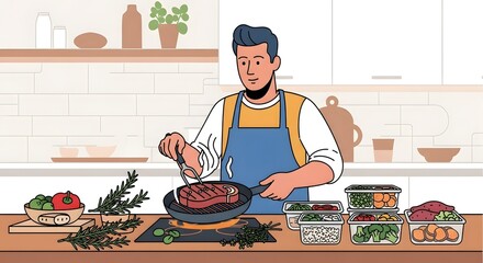 Vibrant illustration of a dedicated man skillfully cooking a delicious steak on a stove, surrounded by perfectly portioned meal prep containers in his bright kitchen