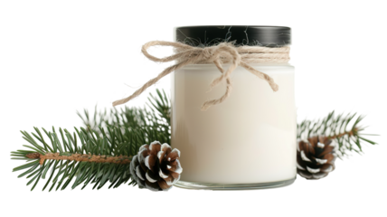 This candle in a glass jar features a simple yet elegant design, enhanced by a pine branch and decorative pinecones, perfect for adding warmth to winter gatherings