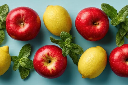 Vibrant red apples, yellow lemons, and fresh mint on a bright blue background.