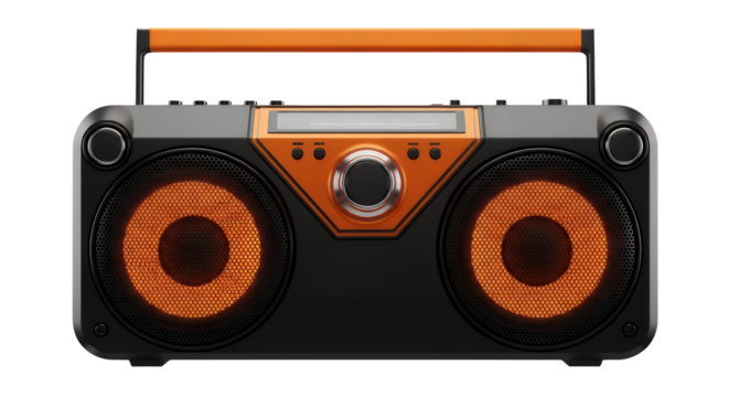 A modern black and orange portable boombox stereo system with large speakers, isolated on a clean transparent background
