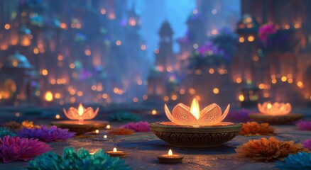 Water Lilies and Lanterns Illuminate a Serene Festival Night in a Tranquil Setting