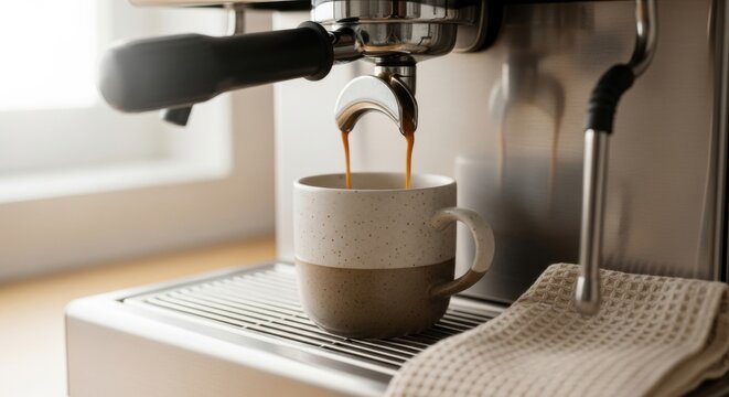 Espresso machine pouring a double shot into a stylish ceramic mug. Professional home brewing equipment for a morning ritual. Modern kitchen appliance for making gourmet coffee drinks - Powered by Adobe