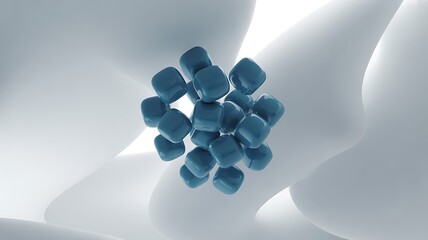 Abstract cluster of blue cubes forming a sphere on a soft white background, isolated on white background