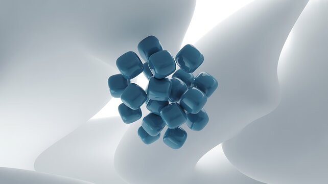 Abstract cluster of blue cubes forming a sphere on a soft white background, isolated on white background