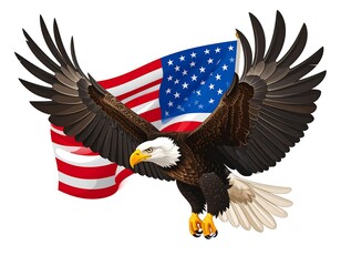 Cartoon eagle flies with wings spread before American flag