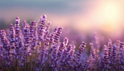 Naklejka premium Vivid Purple Lavender Flowers In A Summer Scenic Landscape - Violet Blooms With Sunlight And Bokeh In A Panoramic View.