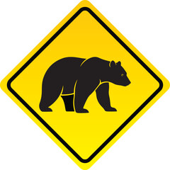 Bear warning sign black silhouette on yellow diamond vector illustration for wildlife safety and caution