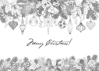 Christmas Vintage Line art illustration, botanical borders with hang bells toys balls bows holly fir branches. Vector Background for design greeting card, holiday decor, poster. Hand drawn Black white